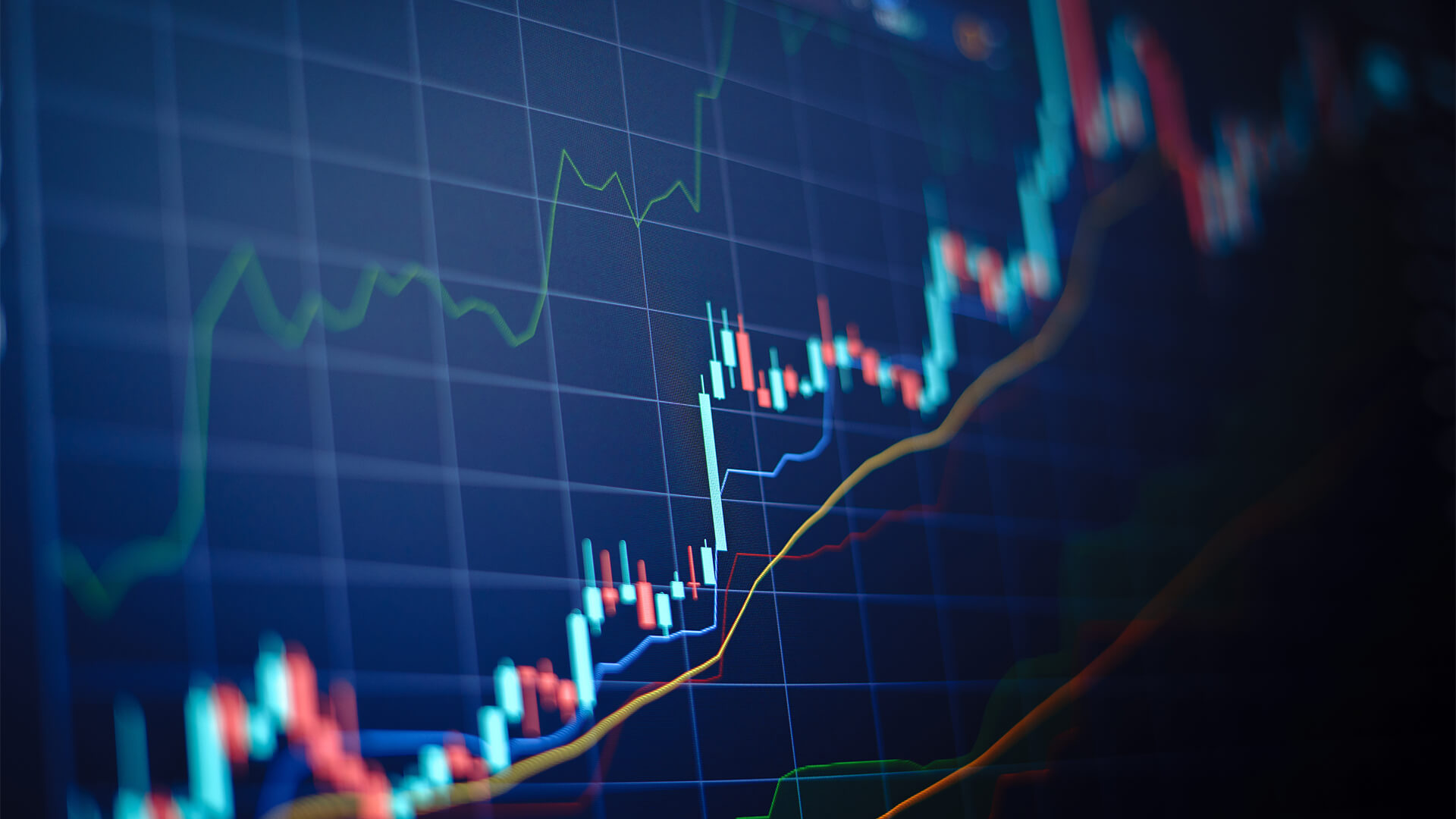 Blue screen with stock market data and graph