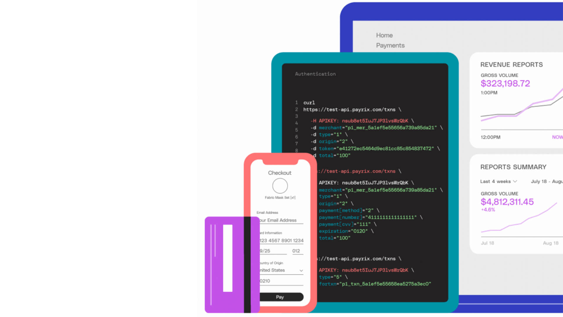 revenue graphs, credit card, smartphone and code