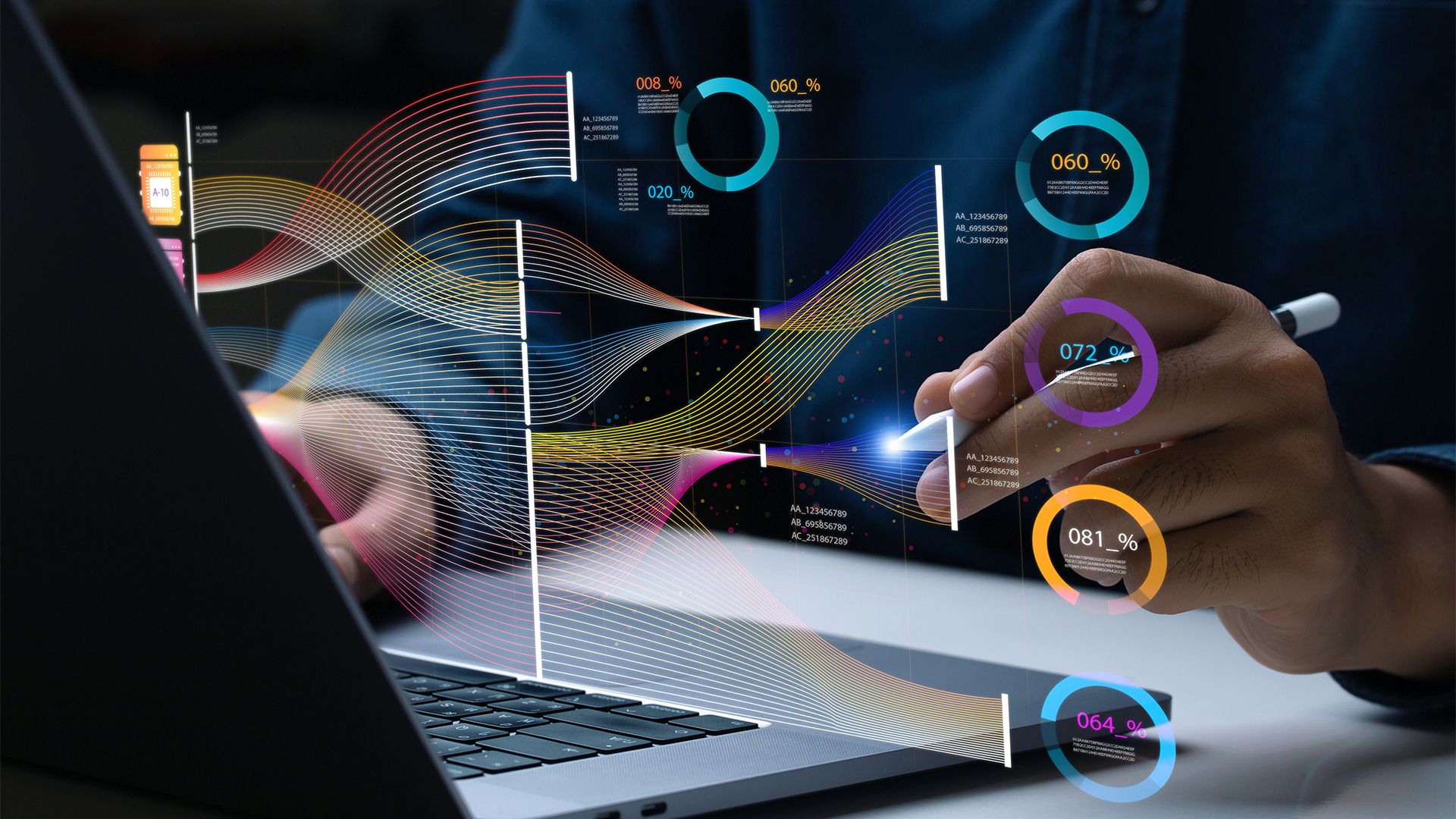 Businessman analyze and visualize complex information on a virtual screen using AI to process data