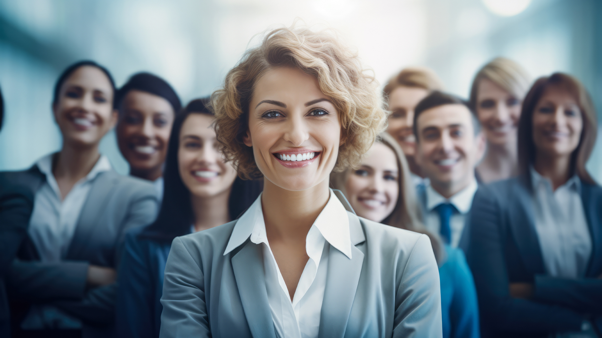 Young business woman looking at the camera with her colleagues on the background