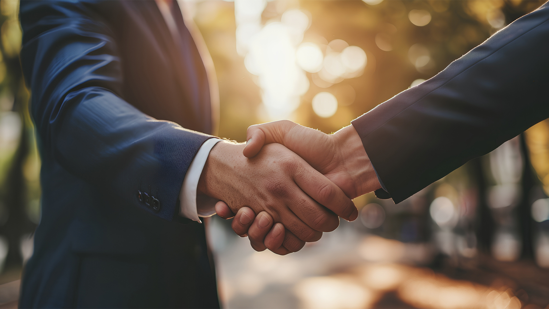 Two professional businessmen in suits engaging in a firm handshake