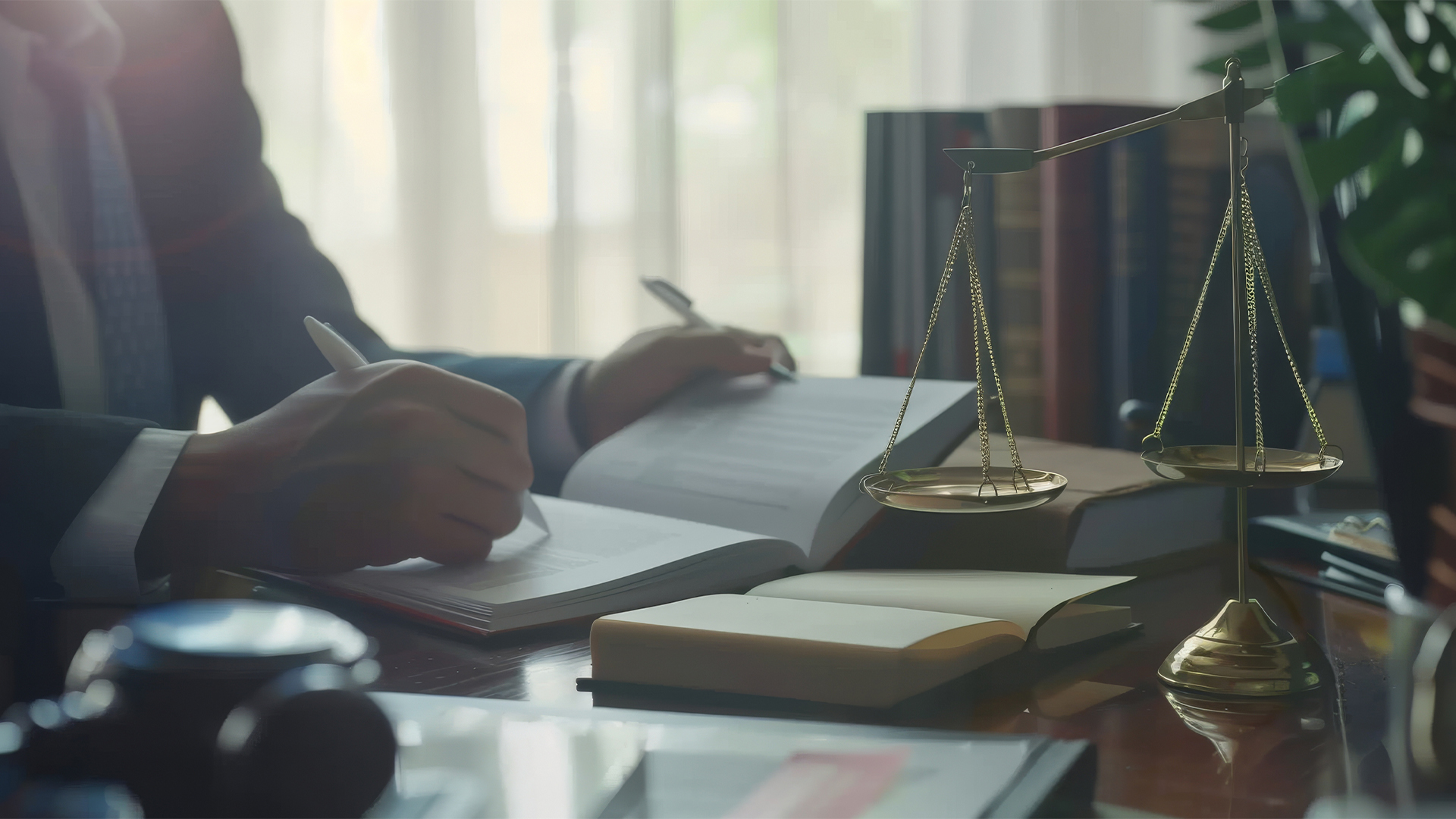 A person in formal attire writes in a large notebook at a desk adorned with scales of justice and other legal books.