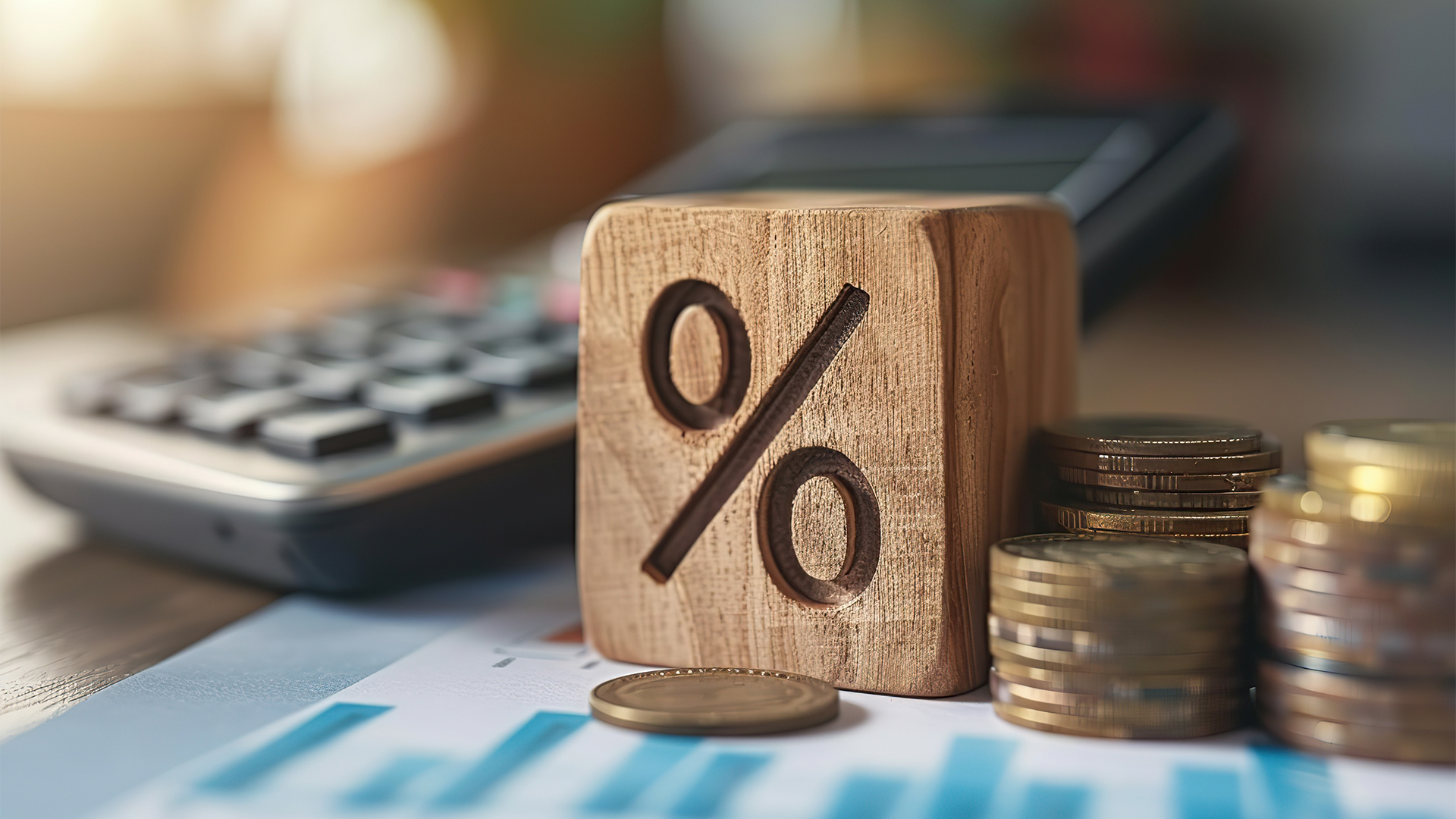 Percent sign on wooden block, calculator, coins stack.