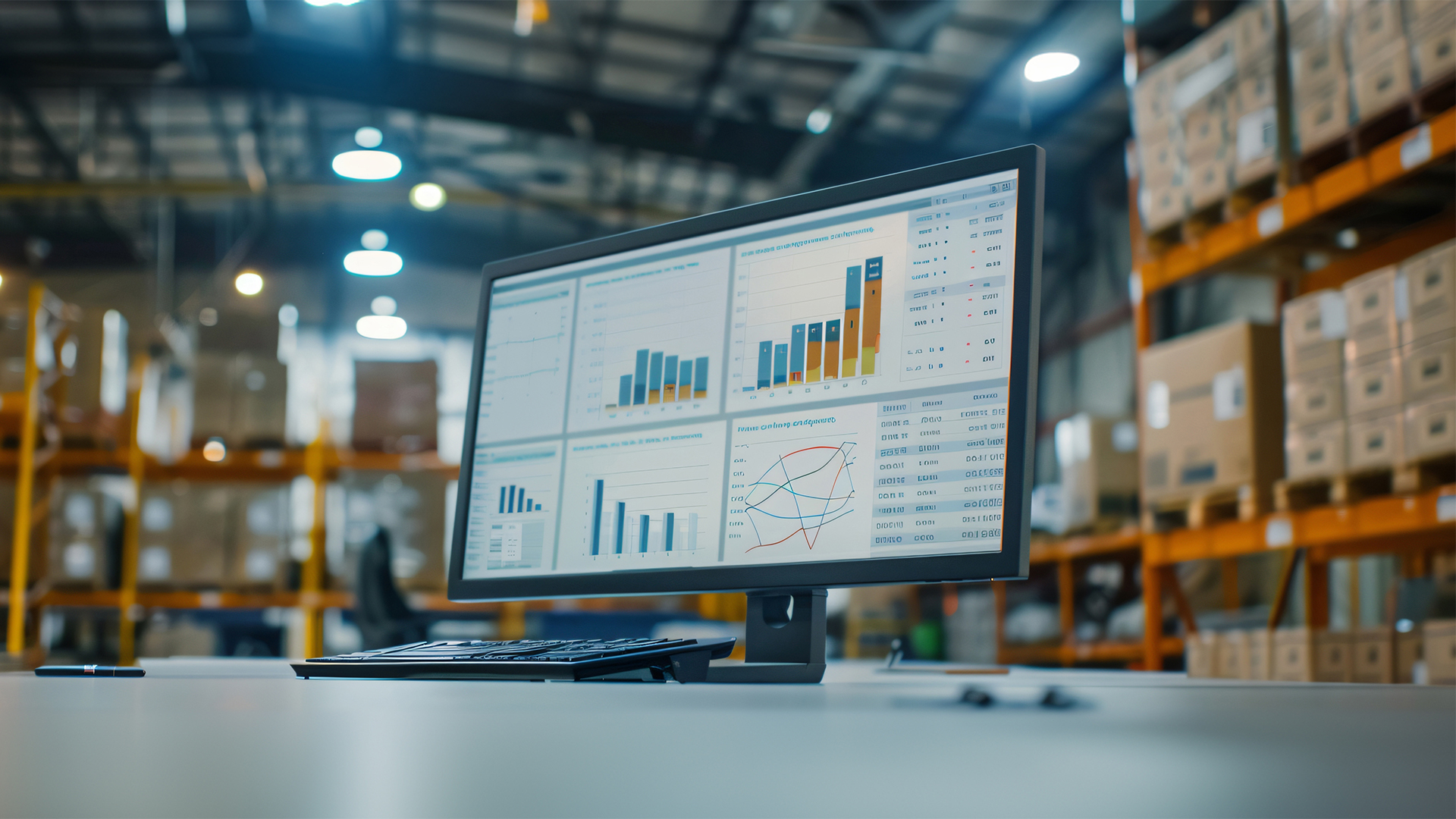 A computer monitor displaying data analytics dashboards in a warehouse setting