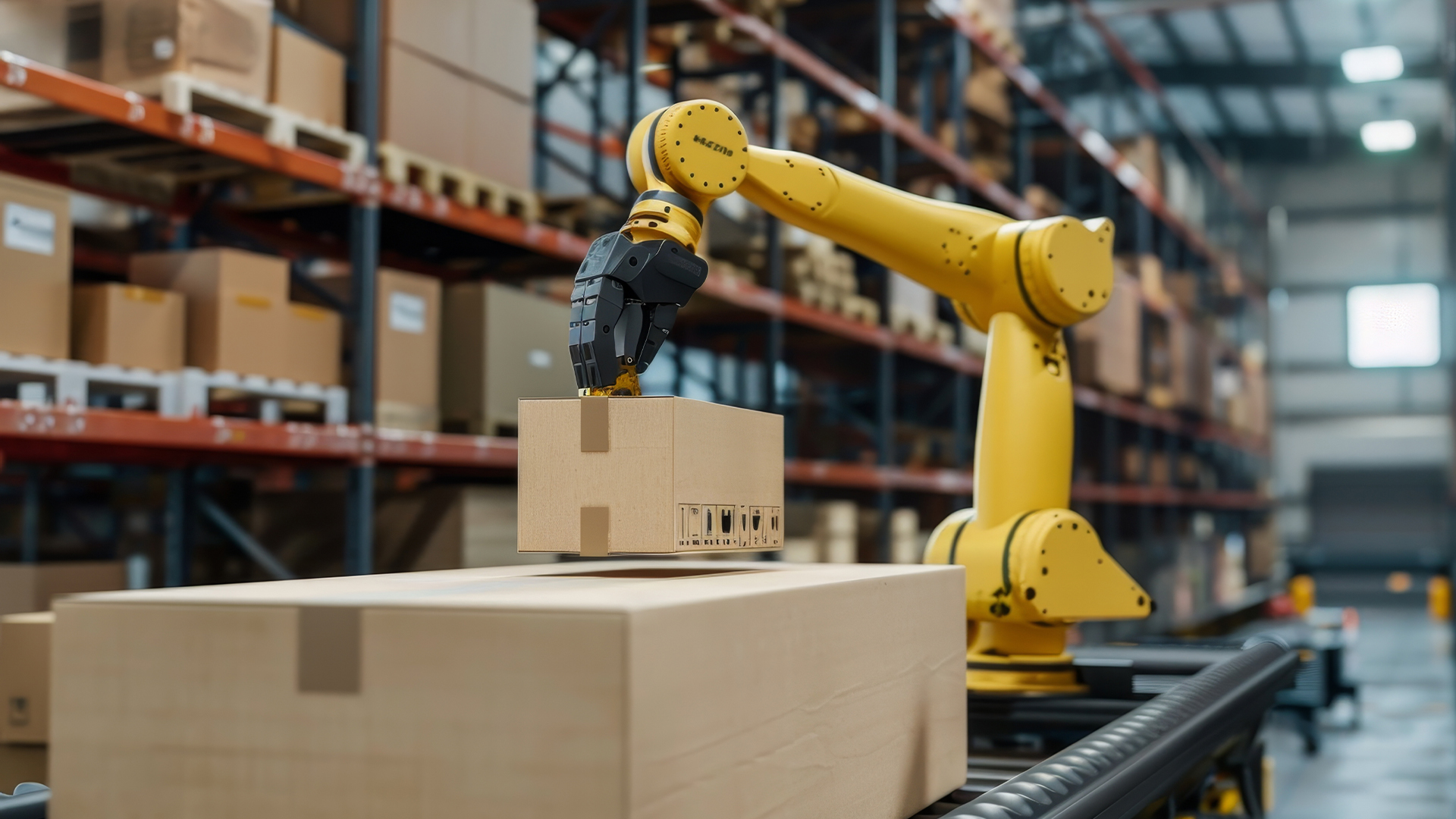 Robotic arm retrieving cardboard box from conveyor in warehouse storage facility