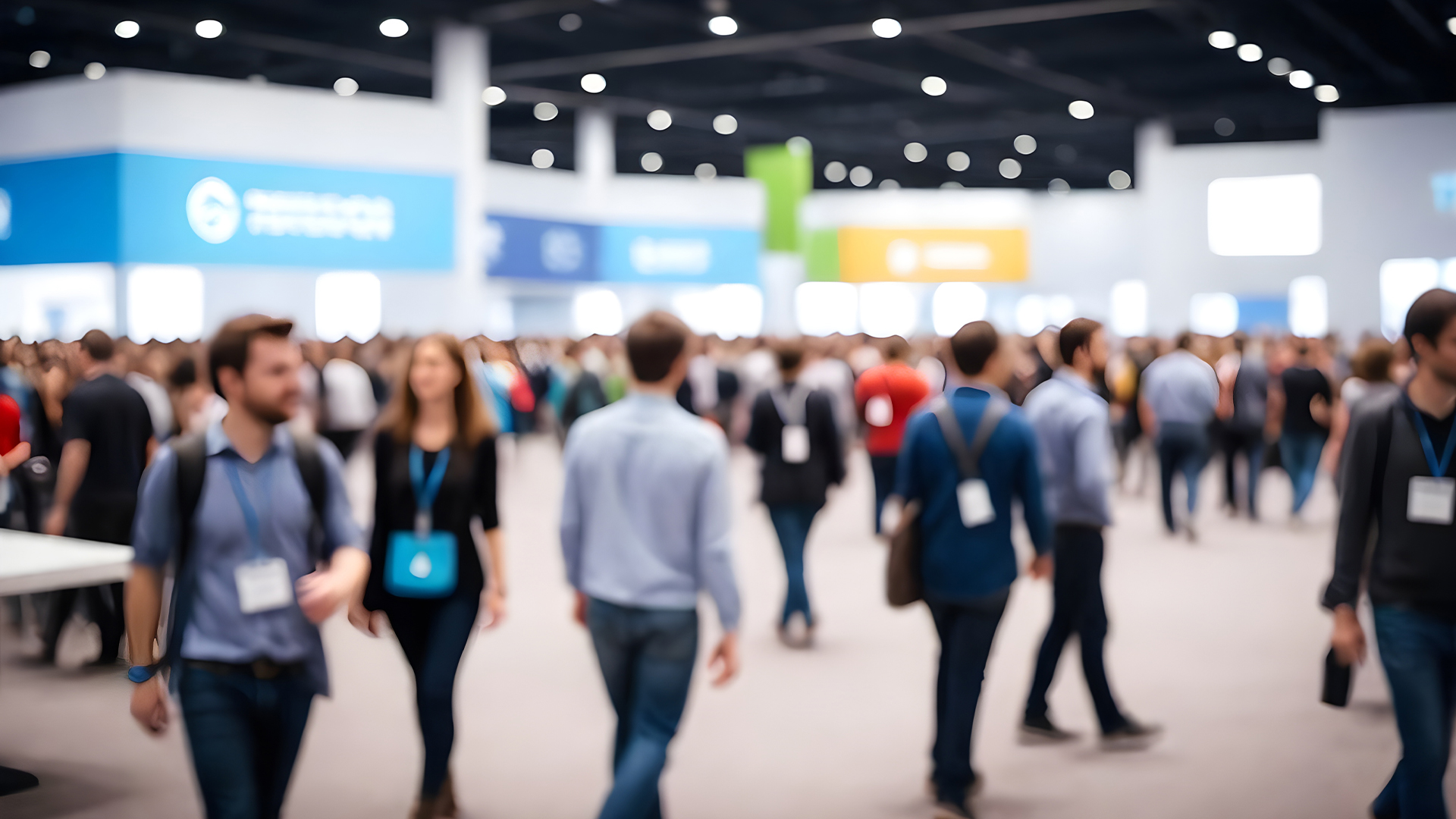 People walking through a convention hall filled with booths and displays